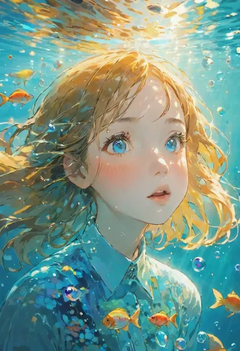 underwater, girl, surprised expression, cat, colorful fish, face close-up, sunlight reflections, water surface, bubbles, serene, peaceful, anime style, vibrant colors, detailed, ethereal, sparkling light, soft shadows, tranquility, dreamy, art illustration