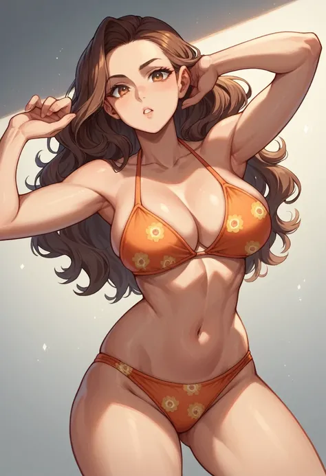 1girl,nsfw, glamorous, voluptuous,dynamic angle,forehead, shoulder-length wavy brown hair ，paisley print orange bikini, dynamic pose