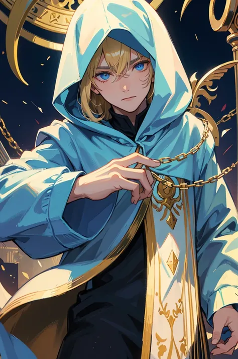 Sorcerer Divine Soul man, he has a light hair and blue eyes, he wear a hood.