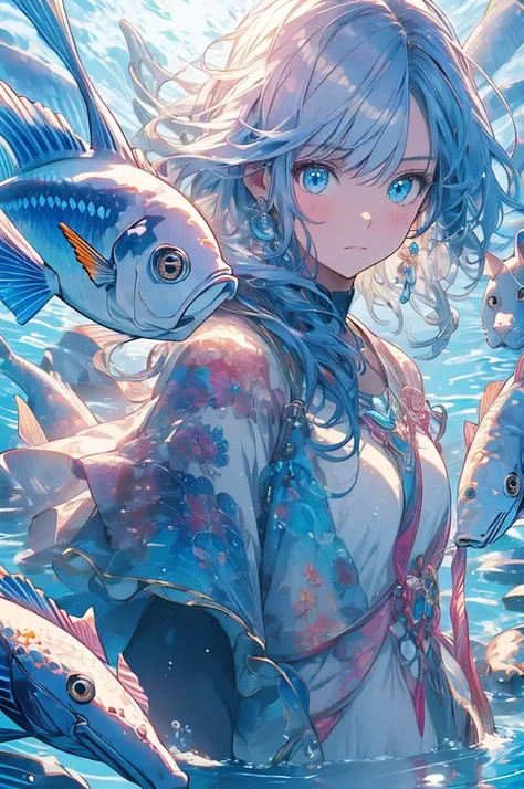 RAW Photos, Realistic, Ultra-realistic, underwater, girl, surprised expression, cat, colorful fish, face close-up, sunlight reflections, water surface, bubbles, serene, peaceful, anime style, vibrant colors, detailed, ethereal, sparkling light, soft shadow...