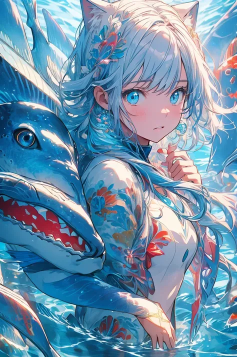 RAW Photos, Realistic, Ultra-realistic, underwater, girl, surprised expression, cat, colorful fish, face close-up, sunlight reflections, water surface, bubbles, serene, peaceful, anime style, vibrant colors, detailed, ethereal, sparkling light, soft shadow...