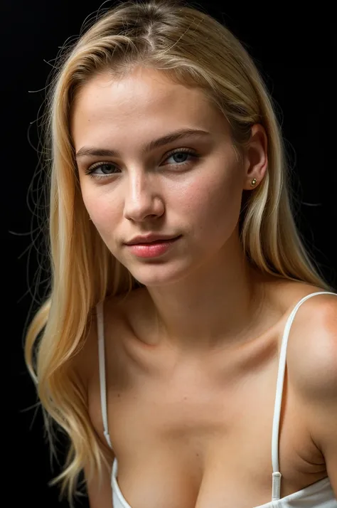 Frontal photo of a 25-year-old European woman, Point to the camera, blond hair, demure, (Amazing skin details: 1.4), (natural skin: 1.2), (pores: 0.6), the picture, (detailled eyes: 1.2), black backdrop, studio, bright border, dark atmosphere, (bokeh: 1.2)...