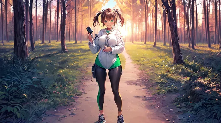 ​masterpiece, 1girl ((20year old, space suit, black tight jogging leggings, astronaut girl, sneakers, medium breasts, multicolor brown hair, twin ponytails, perfect model body, green eyes:1.5, flirting, happy, big smile, wearing headphones, standing in a p...