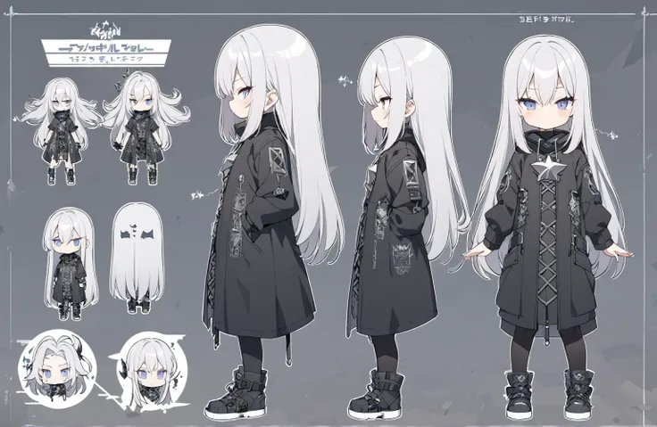 1 girl 150 cm tall. long silver hair, Scrawny, knee length straight hair, Small face, Full body diagram, metal rock clothing style 