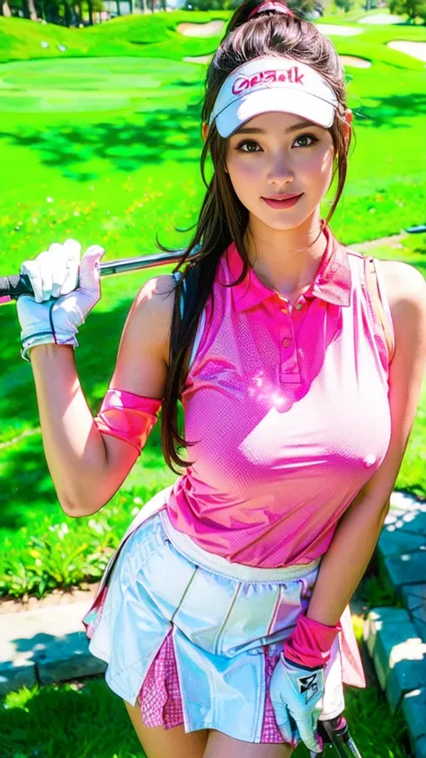 Very detailed CG Unity 8k 壁紙, Highest quality, Very detailed, Tabletop, Realistic, Like the picture, Very detailed美しい女性, tifa lockhart,25-year-old woman,Slim body,(Light pink tight golf wear) , (White Golf Miniskirt) , (Wearing golf gloves)、Wear a sun viso...