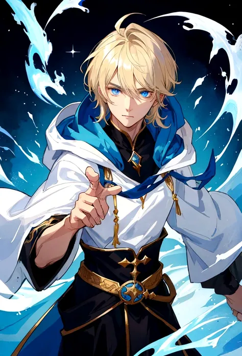 Sorcerer Divine Soul man, he has a light hair and blue eyes, he wear a hood.
