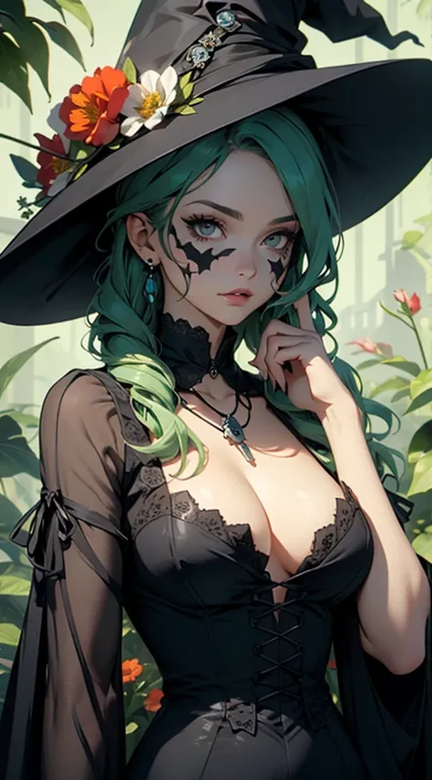 Woman in elegant Victorian dress, flowers on her head, orange flowers in the background, skull face, skull necklace, round black eye makeup, large flowers drawn on her forehead, green skin, witch, witch’s hat,