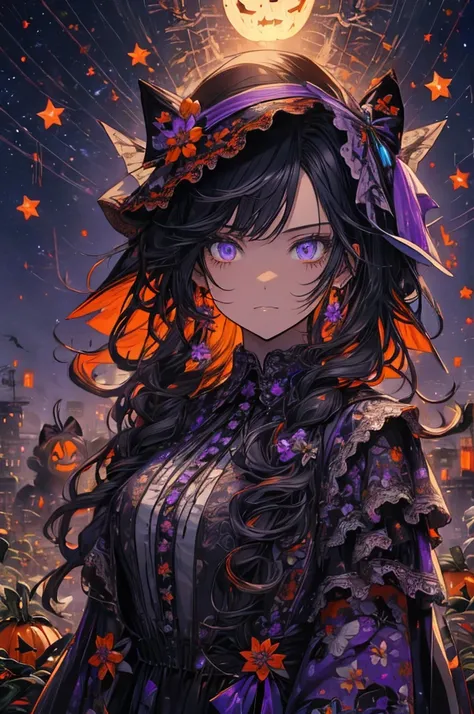 RAW Photos, Realistic, Ultra-realistic, Halloween-themed illustration, young girl with curly orange, purple, and black hair, large black bow, Victorian lace collar, surrounded by Halloween decorations, intricate floral patterns, black cat, ghosts, pumpkins...