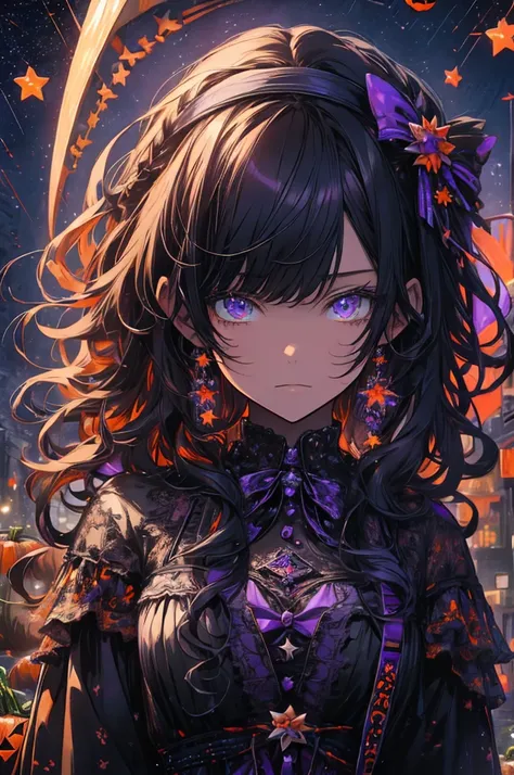 RAW Photos, Realistic, Ultra-realistic, Halloween-themed illustration, young girl with curly orange, purple, and black hair, large black bow, Victorian lace collar, surrounded by Halloween decorations, intricate floral patterns, black cat, ghosts, pumpkins...