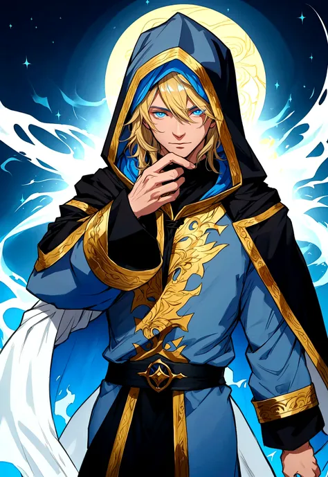 Sorcerer Divine Soul man, he has a light hair and blue eyes, he wear a hood.