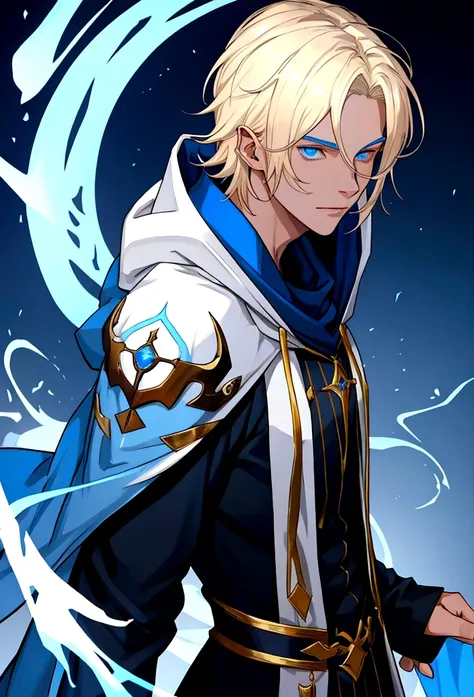 Sorcerer Divine Soul man, he has a light hair and blue eyes, he wear a hood.