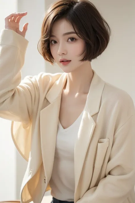 realistic light,natural light,white background,최고 quality、8 thousand、32,000、masterpiece、uhd:1.2) quality, primitive photorealism, Urban, Feminine, hair portfolio, laugh, Beautiful girl, cute, Short hair, depth of field, high resolution, ultra detail, Highl...