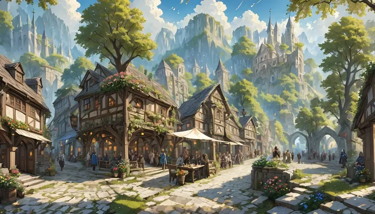 middle ages　 fantasyrpg landscape a stone cityscape　 many people　bard　bar