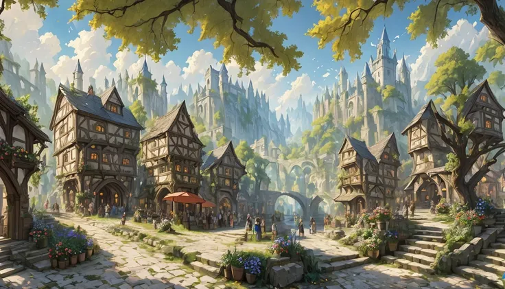 middle ages　 fantasyrpg landscape a stone cityscape　 many people　bard　bar