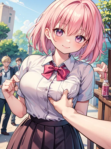 masterpiece, Highest quality, High resolution,(throw_hand grabbing chest),,One girl, One boy,Age difference,bow tie,Blonde,chest,Long Hair,Pink Hair,pleated skirt,Tucked in shirt,short hair,skirt,smile,Tent shirt,amusement_garden