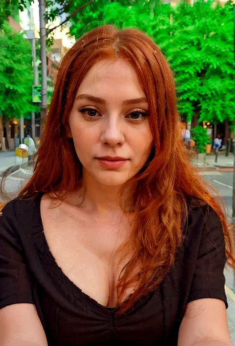 beautiful young mature woman with long orange hair taking realistic selfie on the street, high quality background