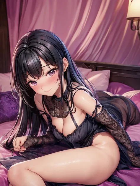 Cute and adorable Eurasian anime teen girl laying down in her bedroom wearing a highly revealing and alluring goth sheer lace nightgown. Hot and sexy. Shy blushing face. Horny sensual pose 