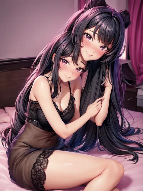 Cute and adorable Eurasian anime teen girl laying down in her bedroom wearing a highly revealing and alluring goth sheer lace nightgown. Hot and sexy. Shy blushing face. Horny sensual pose 