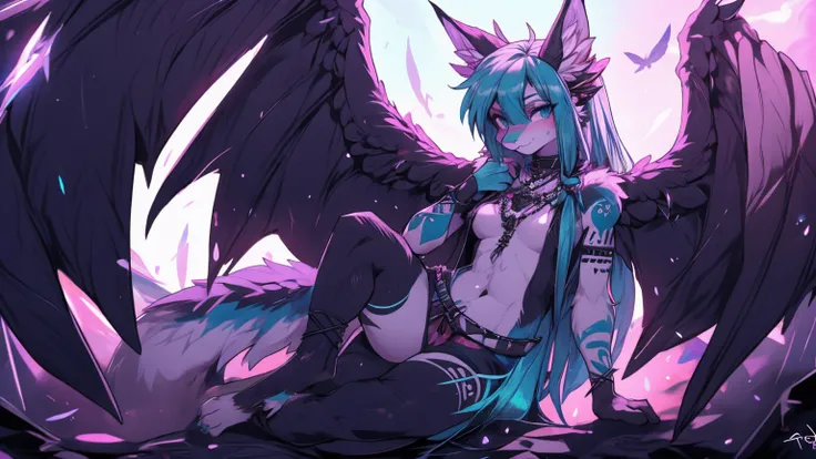 Miku Hatsune, add high definition_detail:1, blue fur,kitsune ears, tribal tattoo add_detail:1, in hell add_detail, barefoot, the same, giant black feather wings add_detail:1 ,alas hermosas la mejor calidad y detail en las flumas, purple saturation light