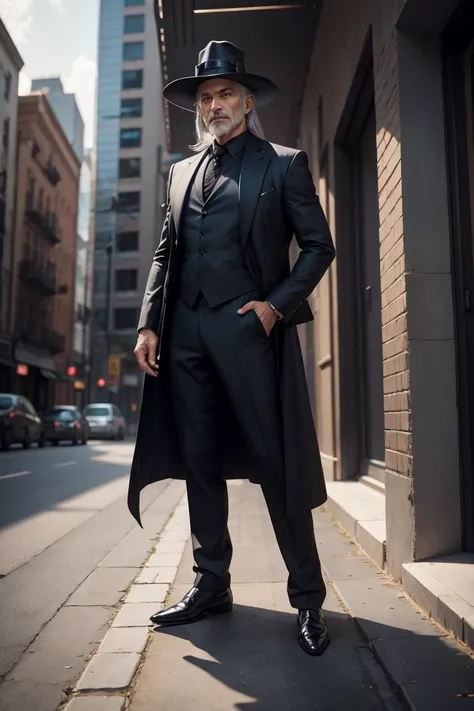 full body shot of dark mage, 45 year old man, business suit, dark cloak, old tome, silver hair, cylinder hat,  (epick pose), modern city, daylight