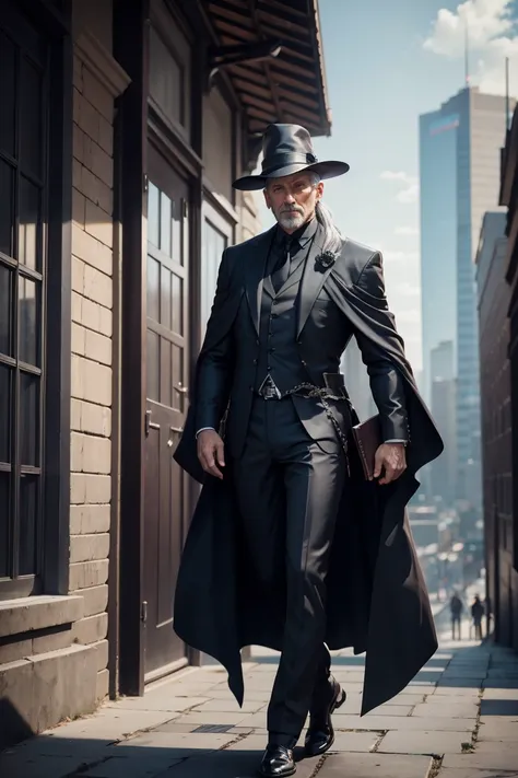 full body shot of dark mage, 45 year old man, business suit, dark cloak, old tome, silver hair, cylinder hat,  (epick pose), modern city, daylight