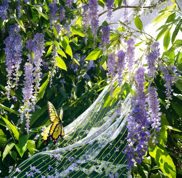 The background is greenblue,All expressed with jewels, the arrival of spring, various beautiful wisteria flowers,Swallowtail butterfly,
, angles looking up from below, various jewels falling from the sky, wonderful and beautiful superb view, slightly hazy,...