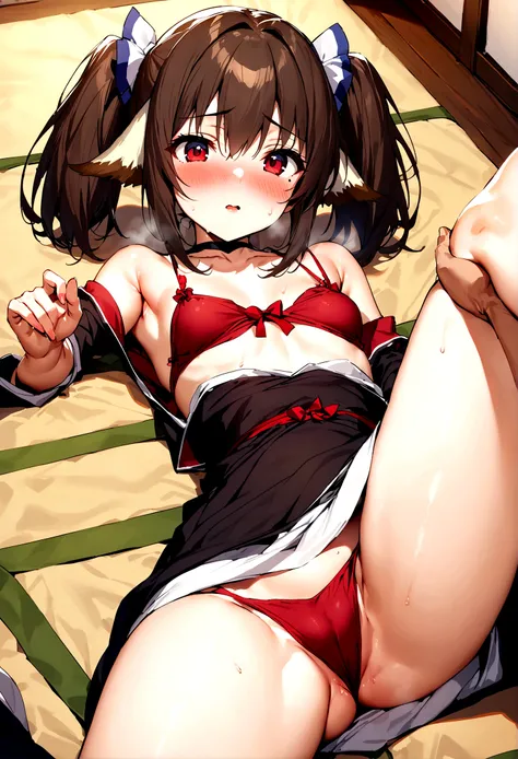 NSFW,masterpiece,Highest quality,High resolution,Super detailed,Nekone (Utawarerumono),Brown Hair、（Red Eye：1.3）、ribbon,Twin tails、ヘアribbon、Mole、目の下のMole,Small breasts,blush,Expecting face,(Prostitute),Brothel,Japanese-style room,Lying down,Lying on your ba...