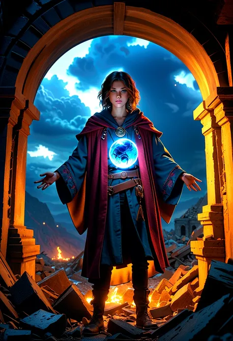 a young wizard floating in ruins, holding a glowing orb, detailed face, beautiful eyes, detailed hair, detailed clothing, cinematic lighting, fantasy, moody atmosphere, dramatic pose, mystical, magic, 4k, hdr, highly detailed, hyper realistic, photorealist...