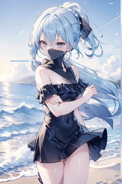 upper body, 1girl, wallpaper, light particles, beach, background, look at viewer, light blue hair, long hair, ponytail, white eyes, serikaswim, ninja mask