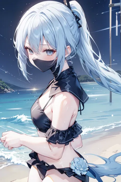 upper body, 1girl, wallpaper, light particles, beach, background, look at viewer, light blue hair, long hair, ponytail, white eyes, serikaswim, ninja mask