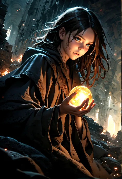 a young wizard floating in ruins, holding a glowing orb, detailed face, beautiful eyes, detailed hair, detailed clothing, cinematic lighting, fantasy, moody atmosphere, dramatic pose, mystical, magic, 4k, hdr, highly detailed, hyper realistic, photorealist...