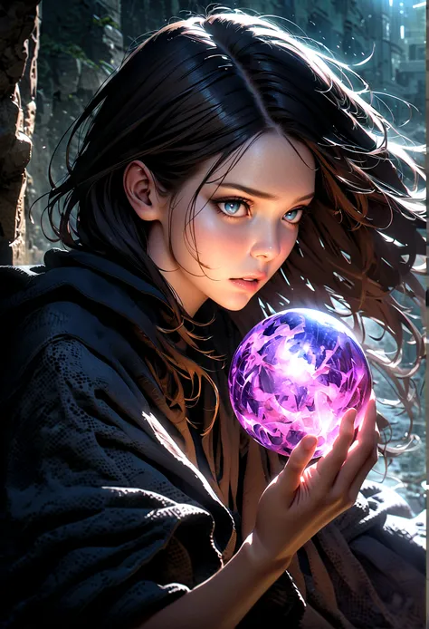 a young wizard floating in ruins, holding a glowing orb, detailed face, beautiful eyes, detailed hair, detailed clothing, cinematic lighting, fantasy, moody atmosphere, dramatic pose, mystical, magic, 4k, hdr, highly detailed, hyper realistic, photorealist...