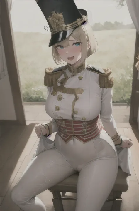 masterpiece, Highest quality, Absurd, High resolution, Very detailed, One Girl,  army_uniform, uniform, Sitting, have, Epaulettes ,army, white_pants, blue_Jacket,shako have,Napoleon, Infantry Regiment,青 coat, 青 and white hackle, 青 and white plume, Blonde B...