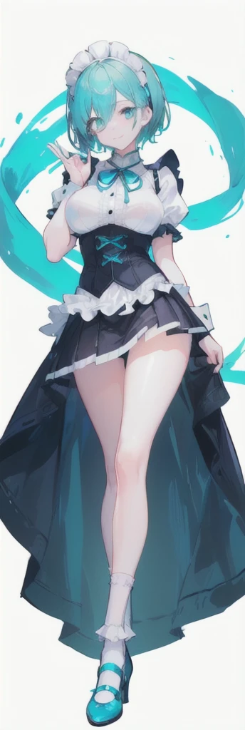 (short hair) cyan eyes, (Eyes behind long bangs) big breasts, using accessories (using socks) perfect shiny beautiful cyan shoes (Wearing luxurious palace maid clothes Perfect perfect noble)  Pose facing sideways (Girl1, straight hair not too long, bangs c...