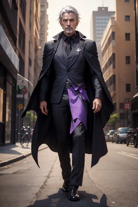 full body shot of dark mage, 45 year old man, business suit, dark cloak, old tome, silver hair, eyes glow purple, (relaxed pose), modern city, daylight