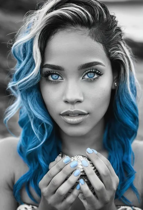 Black and white picture, beautiful biracial woman, blue hair, light blue eyes, look a Shellfishin her hand, nake, extremely detailed face 