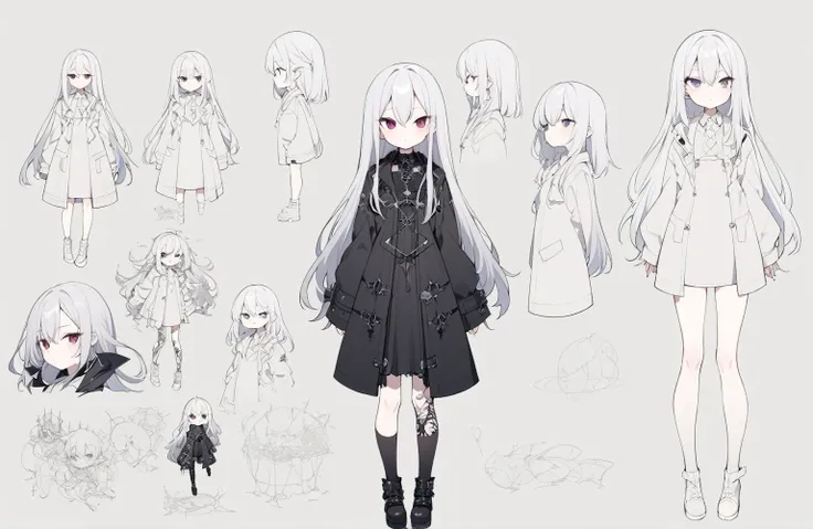 1 girl 150 cm tall. long silver hair, Scrawny, knee length straight hair, Small face, Full body diagram, Gothic clothing style, simple dress and coat