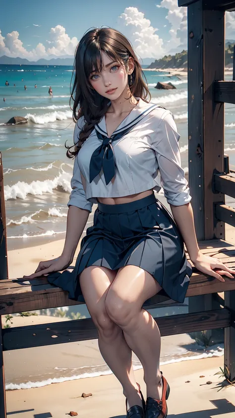 ((最high quality, 8K, masterpiece: 1.3, Ultra HD, high quality, 最high quality, High resolution, realism)) 、Very beautiful 18 year old Japanese schoolgirl、Im wearing a sailor suit、Wearing a navy blue pleated skirt、Wear loafers、Hair  is light brown、black eye、...