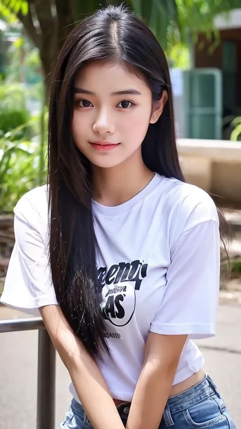 A 20-year-old Thai girl,faint smile,long black hair, wearing a white t-shirt that says &#39;DO NOT SHOCK&#39;,jeans ,white shoes,was sitting on the rainbow bridge,twilight atmosphere,facing the camera ultra HD clear photos