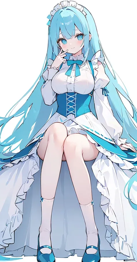 (long beautiful blue hair) cyan eyes, (Eyes behind long bangs) big breasts, using accessories (using socks) perfect shiny beautiful cyan shoes (Wearing luxurious palace maid clothes Perfect perfect noble)  Pose facing sideways (Girl1, straight hair not too...