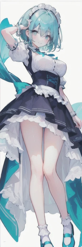 (short hair) cyan eyes, (Eyes behind long bangs) big breasts, using accessories (using socks) perfect shiny beautiful cyan shoes (Wearing luxurious palace maid clothes Perfect perfect noble)  Pose facing sideways (Girl1, straight hair not too long, bangs c...