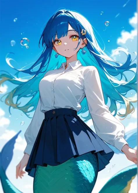 (Fraction_9,Fraction_8_Direction_7_up),1 Girl,blue gradient hair,White top dark blue skirt，Yellow eyes, Mermaid，Scales, Light streamer,beautiful_Face,