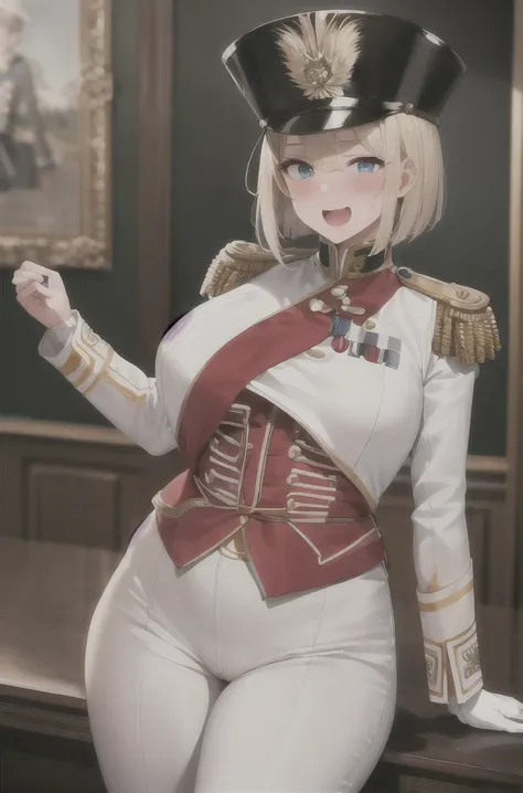 masterpiece, Highest quality, Absurd, High resolution, Very detailed, One Girl,  army_uniform, uniform, Sitting, have, Epaulettes ,army, white_pants, blue_Jacket,shako have,Napoleon, Infantry Regiment,青 coat, 青 and white hackle, 青 and white plume, Blonde B...