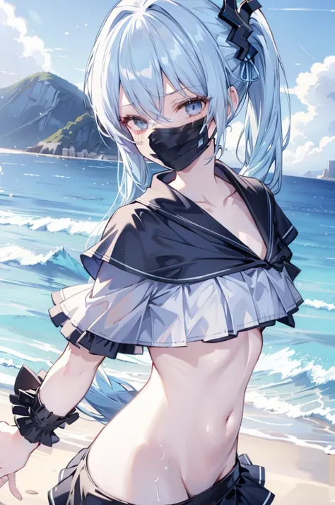 upper body, 1girl, wallpaper, light particles, beach, background, look at viewer, light blue hair, long hair, ponytail, white eyes, serikaswim, (black mask)