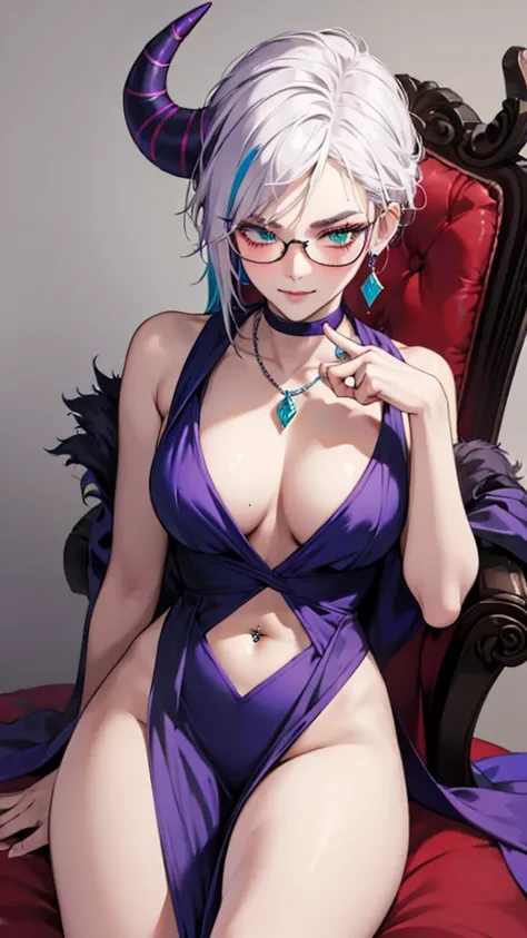 8k, masterpiece, best quality, highly detailed, 1 girl, tiefling, warlock, multicolored hair, very short straight hair green highlight hair on white hair, strippled hair, wearing glasses, round glasses, earrings, red eyeshadow, long eyelashes,navel piercin...