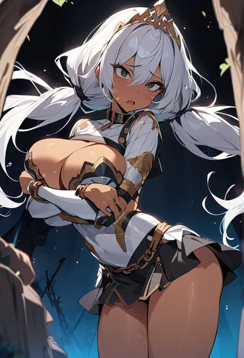 (anime style),masterpiece, best quality, extremely detailed,18Years old,tanned skin,dark skin, Beautiful body,biggest breasts,BREAK,multicolored colorful white hair,shaggy hair,long hair,long ponytails hair,BREAK,black eyes,black choker,dignified face,disg...