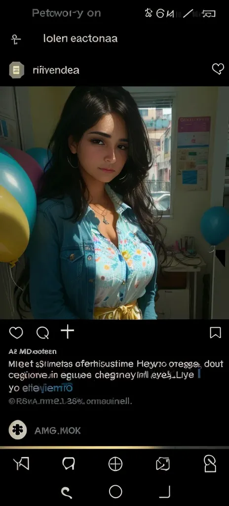 A close-up shot of a Cuban woman in her mid-30s, standing in front of an Instagram screen on her phone. Shes surrounded by vibrant decorations, including balloons and confetti. Her expression is a mix of sadness , disgust , love  and excitement . Her 25-ye...