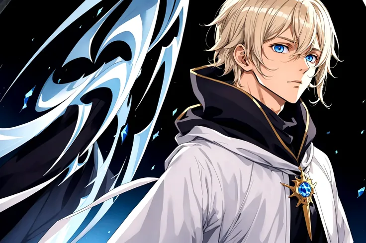 Sorcerer Divine Soul man, he has a light hair and blue eyes, he wear a hood.