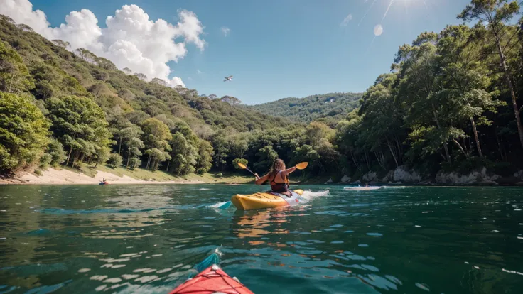 A split-screen image: one half showing a surfer riding a large wave with an expression of excitement, the other half showing a person calmly paddling a kayak on a mirror-like lake surrounded by lush greenery. Vibrant, high-energy on the surfing side and se...