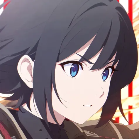 girl, anime, warrior, short hair with red and blue lines, pretty eyes, black hair, full leather, YOUNG, 